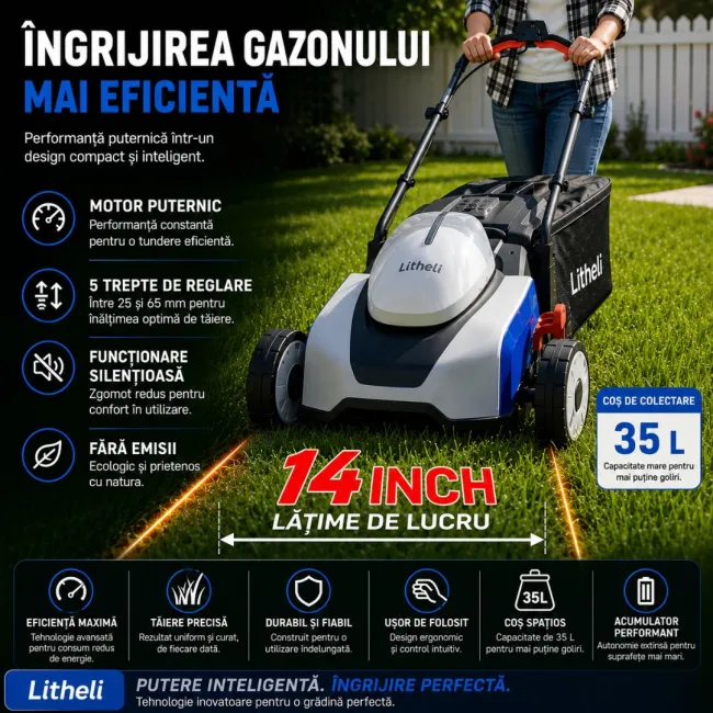 Masina de tuns gazonul Litheli U20LM00, 20V, acumulator 5Ah inclus, latime taiere 330 mm