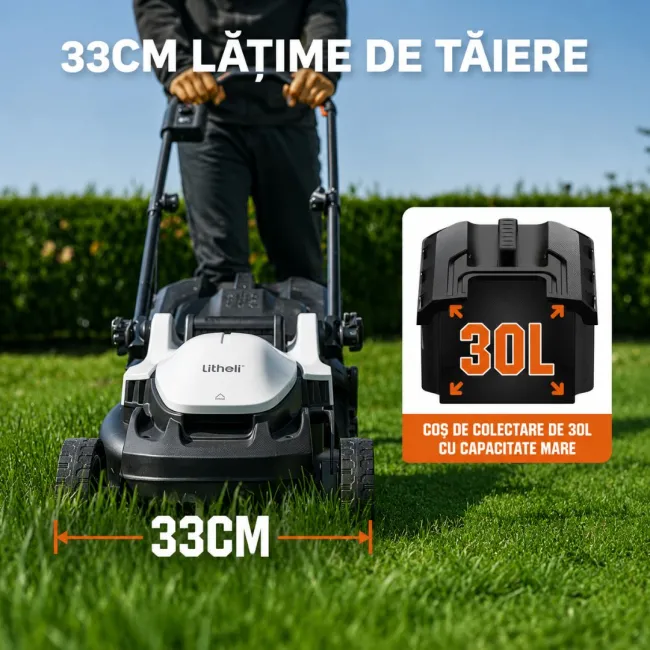 Masina de tuns gazonul Litheli U20LM00 Brushless, 2x20V, 2 acumulatori 2Ah inclusi, latime taiere 330 mm