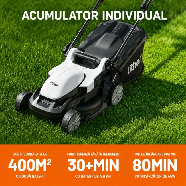 Masina de tuns gazonul Litheli U20LM00 Brushless, 2x20V, 2 acumulatori 2Ah inclusi, latime taiere 330 mm