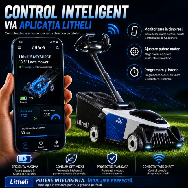 Masina de tuns gazonul autopropulsata Litheli EasySurge U20LM01 Brushless, 2x20V, 2 acumulatori 4Ah inclusi, latime taiere 430 mm