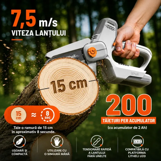Motoferastrau electric compact Litheli U20MC00, 20V, acumulator 2Ah inclus, lama 150 mm