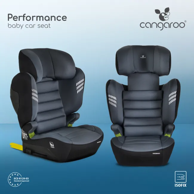 Scaun auto copii Cangaroo Performance 100-150 cm, 4-12 ani, siguranta si confort in masina, Gri/Negru
