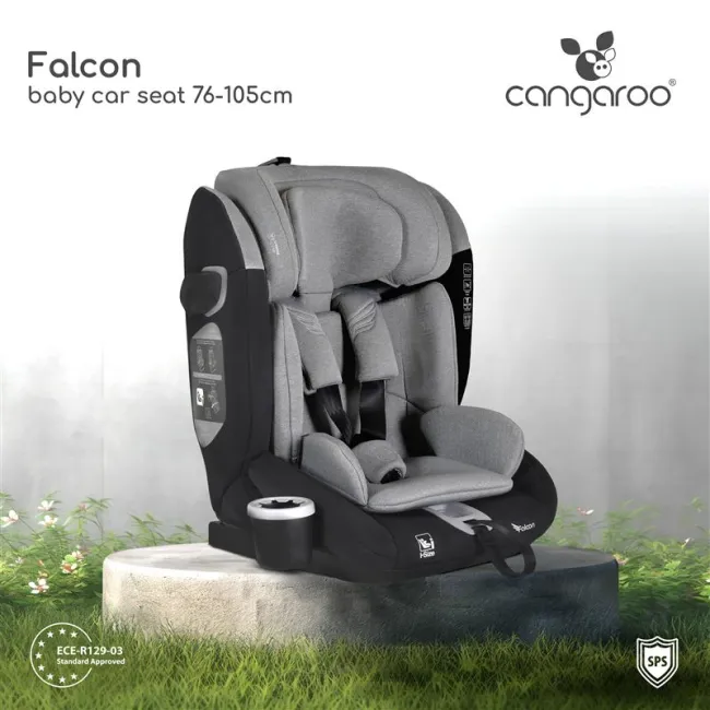 Scaun auto copii Cangaroo Falcon 76-150 cm, 1-12 ani, siguranta si confort in masina, Gri/Negru