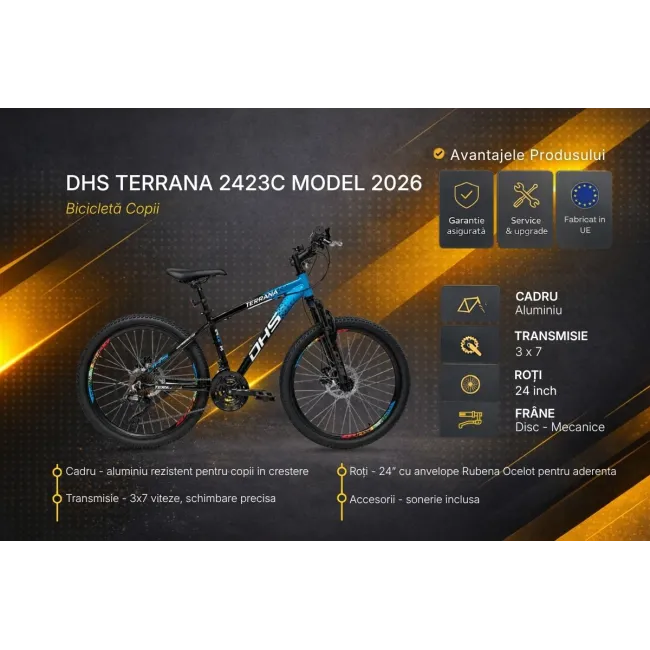 Bicicleta Copii Dhs Terrana 2423C, model 2026 - 24 Inch, Albastru-Negru