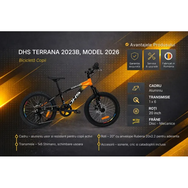 Bicicleta Copii Dhs Terrana 2023B, model 2026 - 20 Inch, Portocaliu-Negru