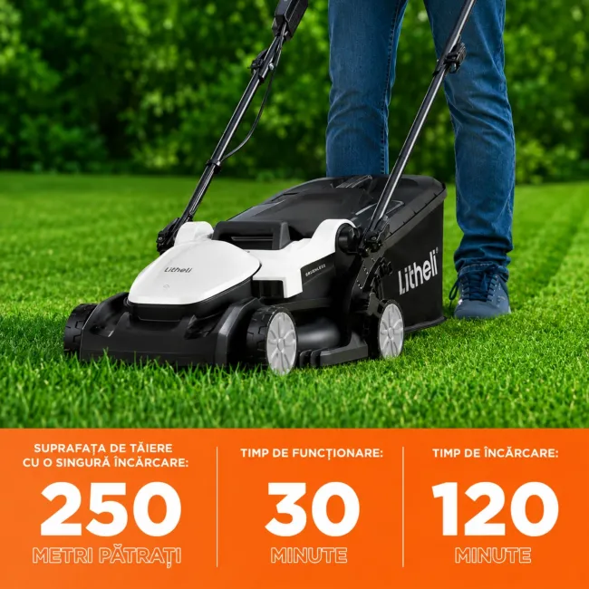 Masina de tuns gazonul Litheli U20LM00 Brushless, 2x20V, 2 acumulatori 2Ah inclusi, latime taiere 330 mm