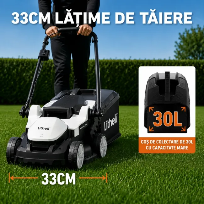 Masina de tuns gazonul Litheli U20LM00 Brushless, 2x20V, 2 acumulatori 2Ah inclusi, latime taiere 330 mm