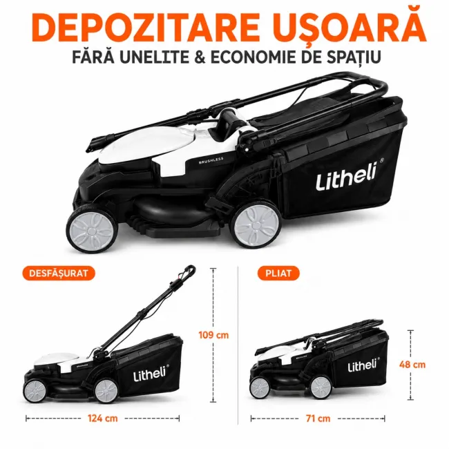 Masina de tuns gazonul Litheli U20LM00 Brushless, 2x20V, 2 acumulatori 2Ah inclusi, latime taiere 330 mm