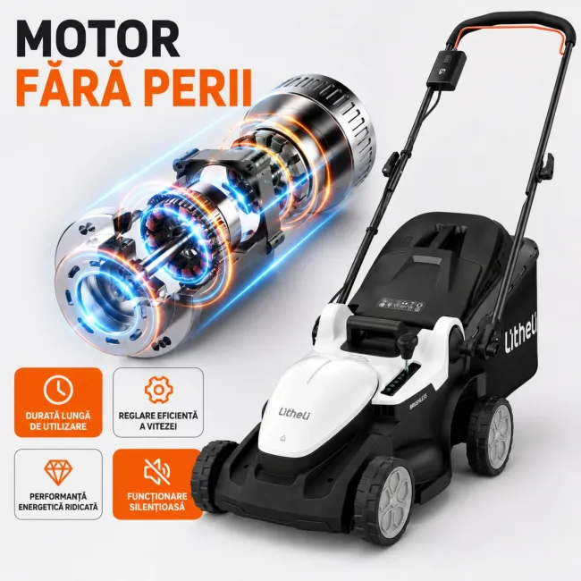 Masina de tuns gazonul Litheli U20LM03 Brushless, 2x20V, 2 acumulatori 4Ah inclusi, latime taiere 370 mm