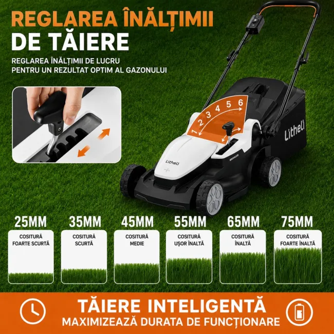 Masina de tuns gazonul Litheli U20LM03 Brushless, 2x20V, 2 acumulatori 4Ah inclusi, latime taiere 370 mm