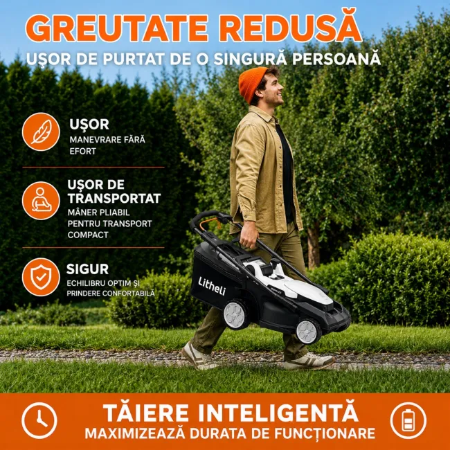 Masina de tuns gazonul Litheli U20LM03 Brushless, 2x20V, 2 acumulatori 4Ah inclusi, latime taiere 370 mm