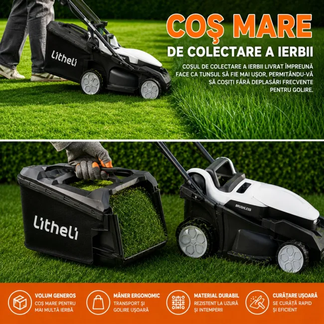 Masina de tuns gazonul Litheli U20LM03 Brushless, 2x20V, 2 acumulatori 4Ah inclusi, latime taiere 370 mm