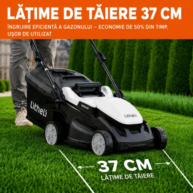 Masina de tuns gazonul Litheli U20LM03 Brushless, 2x20V, 2 acumulatori 4Ah inclusi, latime taiere 370 mm