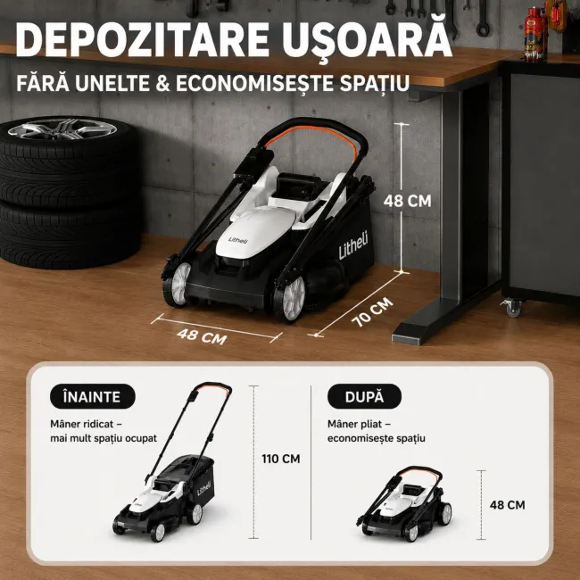 Masina de tuns gazonul Litheli U20LM03 Brushless, 2x20V, 2 acumulatori 4Ah inclusi, latime taiere 370 mm